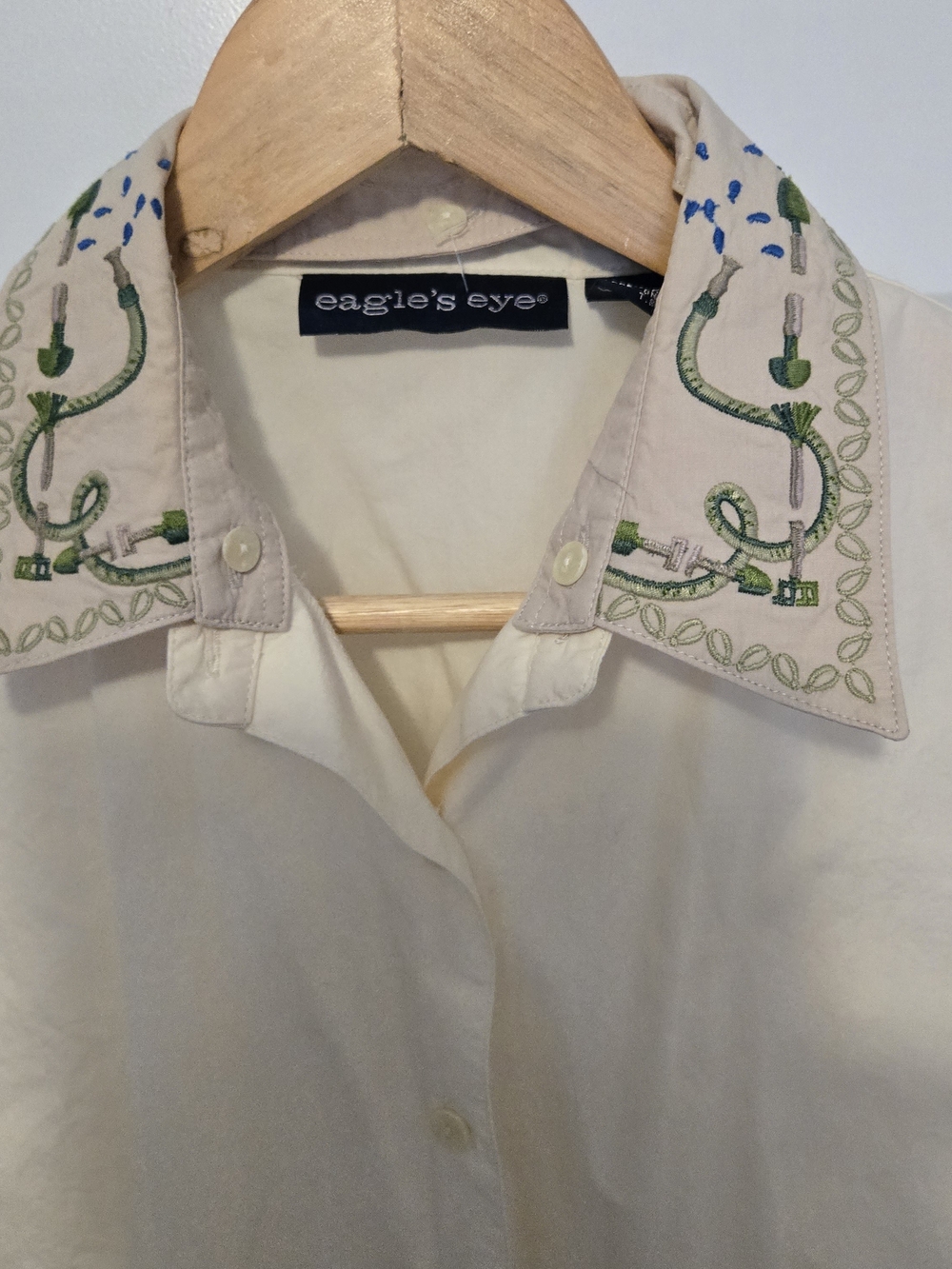 Vintage Eagles Eye Cream Embroidered Collar Short-Sleeve Shirt Size M - Picture 3 of 12